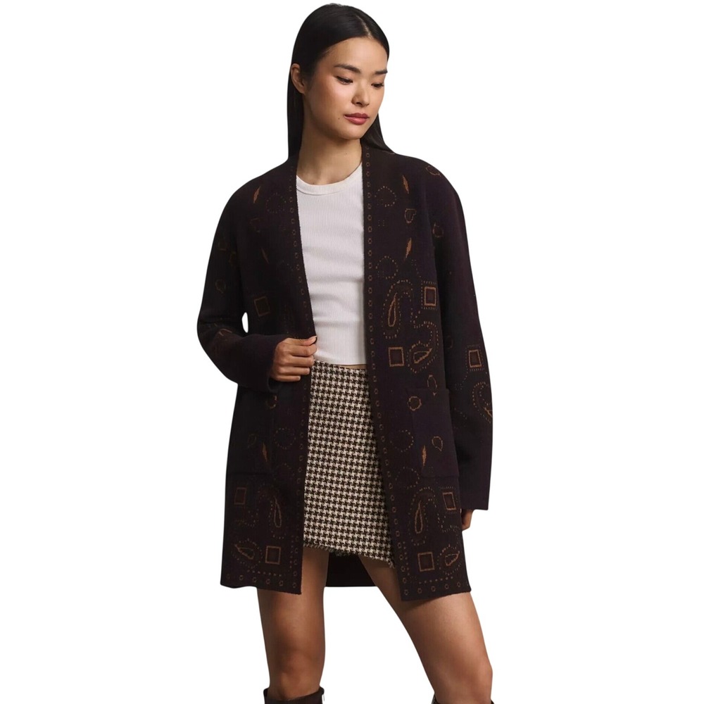 NVLT Cardigan Coat Women S Brown‎ NEW Paisley Intarsia Knit Open Front Longline